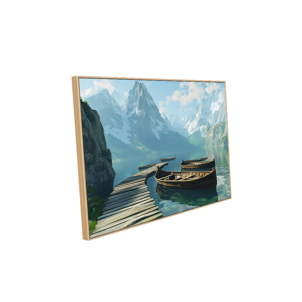 Tranquil Mountain Lake With Wooden Dock Canvas Wall Art