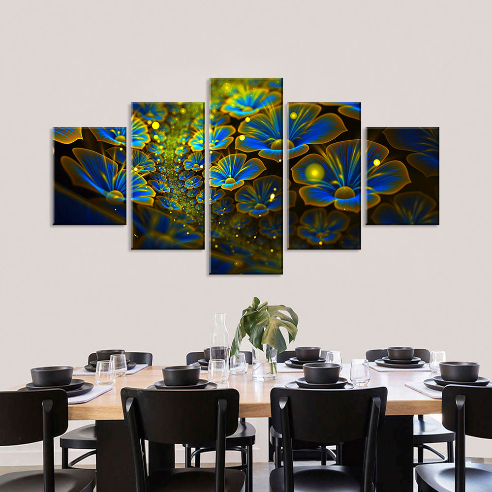 Abstract Blue Digital Flowers Canvas Wall Art