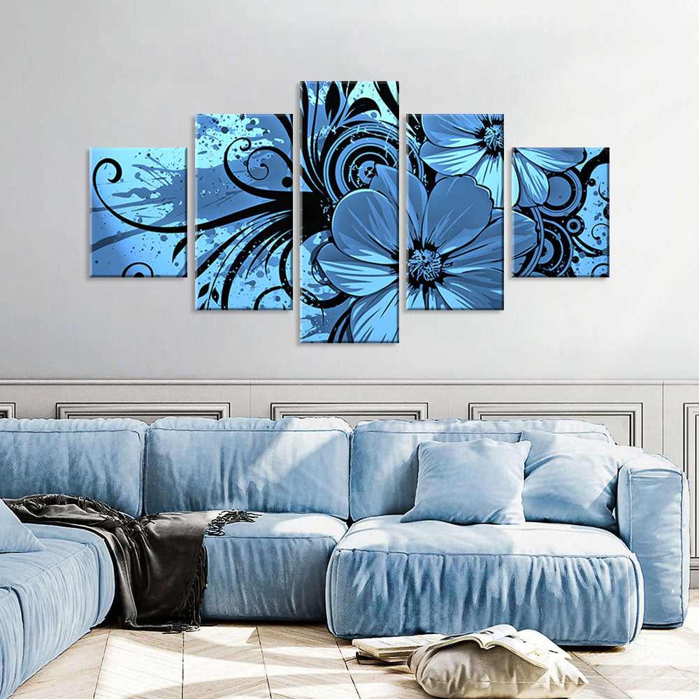 Vibrant 5-Piece Blue Flower Splash Canvas Wall Art