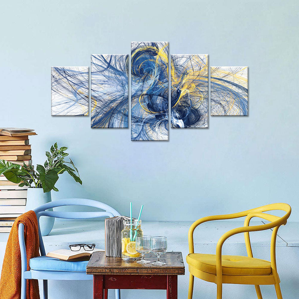 Energetic 5-Piece Blue and Yellow Lines Canvas Wall Art