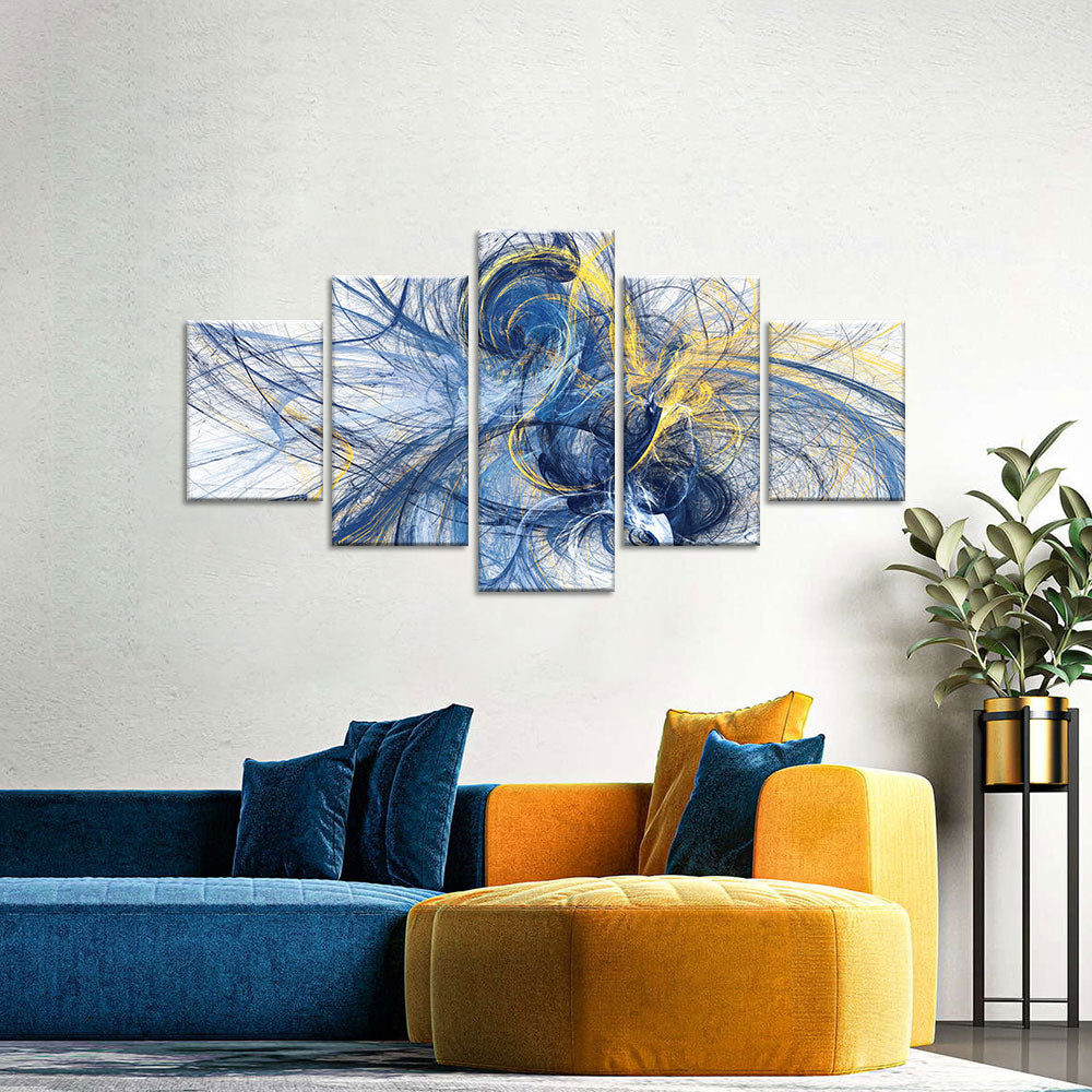 Energetic 5-Piece Blue and Yellow Lines Canvas Wall Art