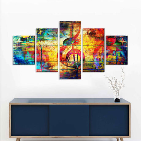 Vibrant 5-Piece Musical Notes Abstract Canvas Wall Art