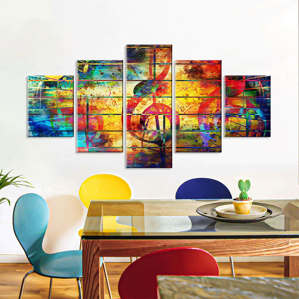 Vibrant 5-Piece Musical Notes Abstract Canvas Wall Art