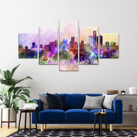 Vibrant 5-Piece Watercolor City Skyline Canvas Wall Art