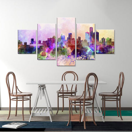 Vibrant 5-Piece Watercolor City Skyline Canvas Wall Art