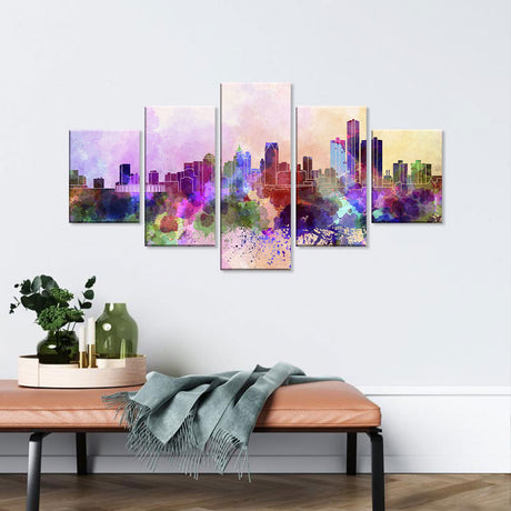 Vibrant 5-Piece Watercolor City Skyline Canvas Wall Art