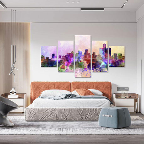 Vibrant 5-Piece Watercolor City Skyline Canvas Wall Art