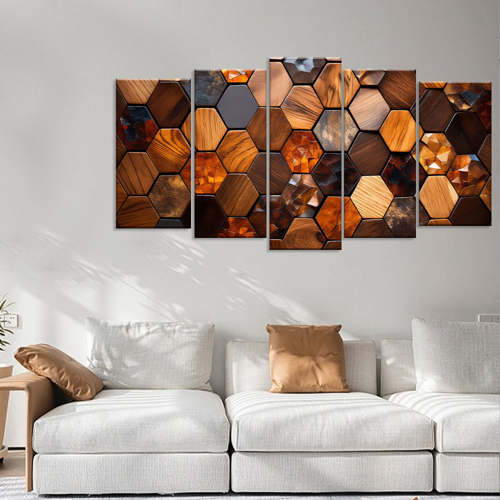 Abstract Wooden Seamless Hexagonal Mosaic Canvas Wall Art