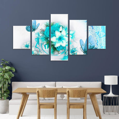 Aesthetic Turquoise Butterfly with Flowers Canvas Wall Art