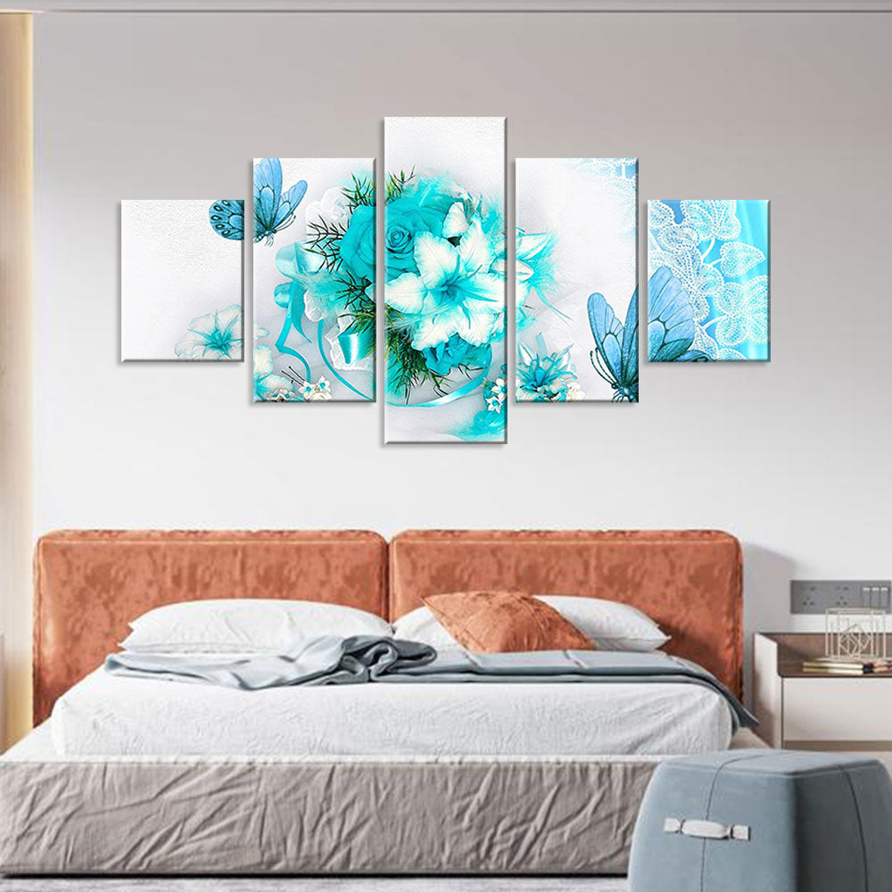 Aesthetic Turquoise Butterfly with Flowers Canvas Wall Art