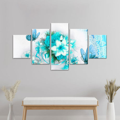 Aesthetic Turquoise Butterfly with Flowers Canvas Wall Art