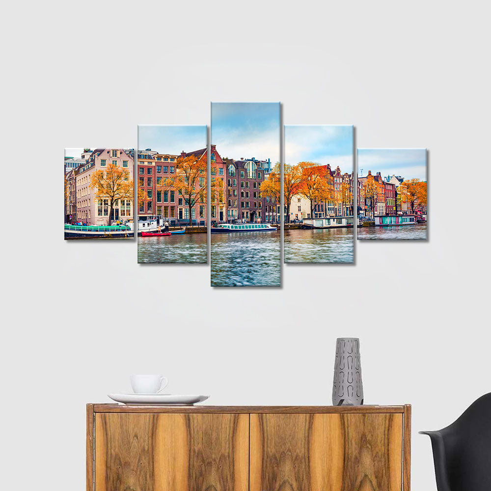 Autumn Canal in Amsterdam Canvas Wall Art