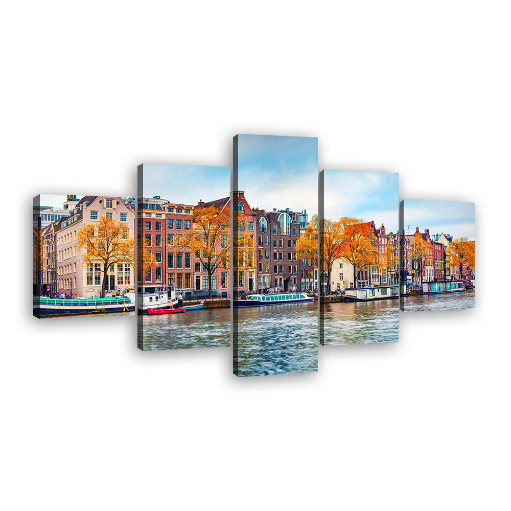 Autumn Canal in Amsterdam Canvas Wall Art