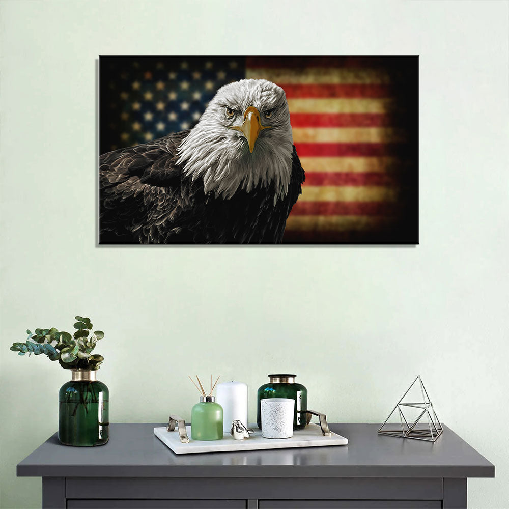 Bald Eagle With USA Flag Canvas Wall Art