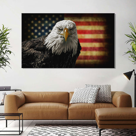 Bald Eagle With USA Flag Canvas Wall Art