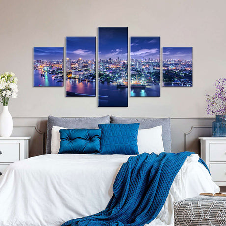 Bangkok Chao Phraya River Night View - 5-Piece Split Canvas Wall Art