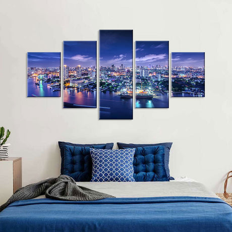 Bangkok Chao Phraya River Night View - 5-Piece Split Canvas Wall Art