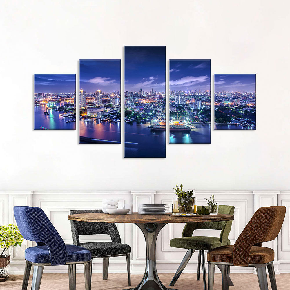 Bangkok Chao Phraya River Night View - 5-Piece Split Canvas Wall Art