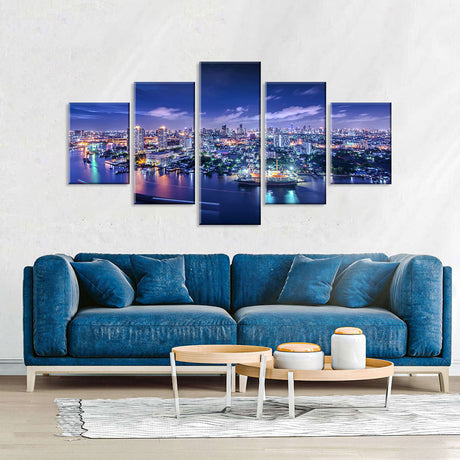 Bangkok Chao Phraya River Night View - 5-Piece Split Canvas Wall Art