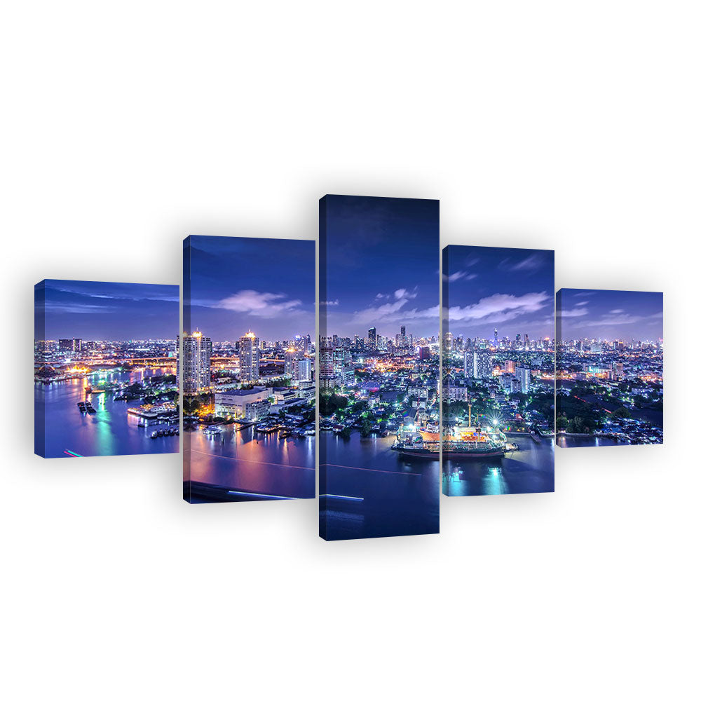 Bangkok Chao Phraya River Night View - 5-Piece Split Canvas Wall Art