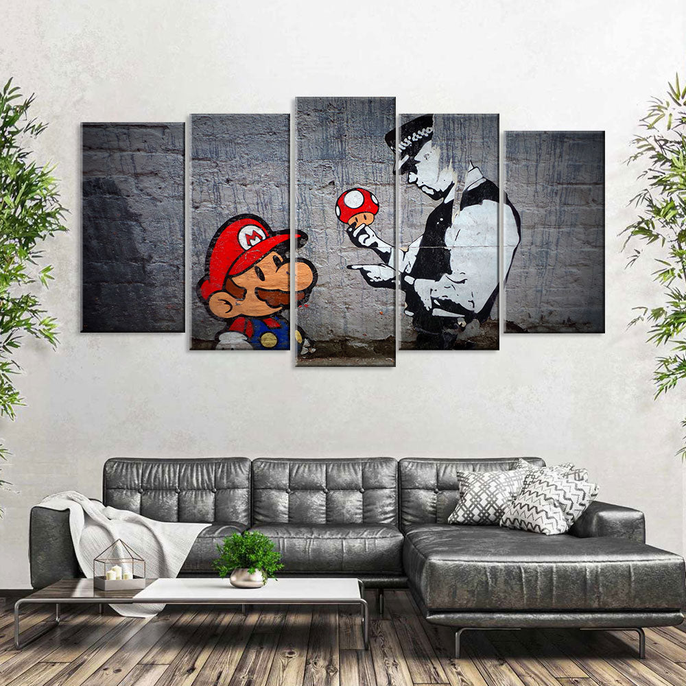 Banksy Mario And Police Canvas Wall Art