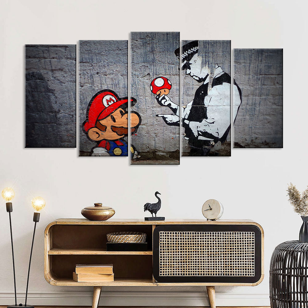 Banksy Mario And Police Canvas Wall Art