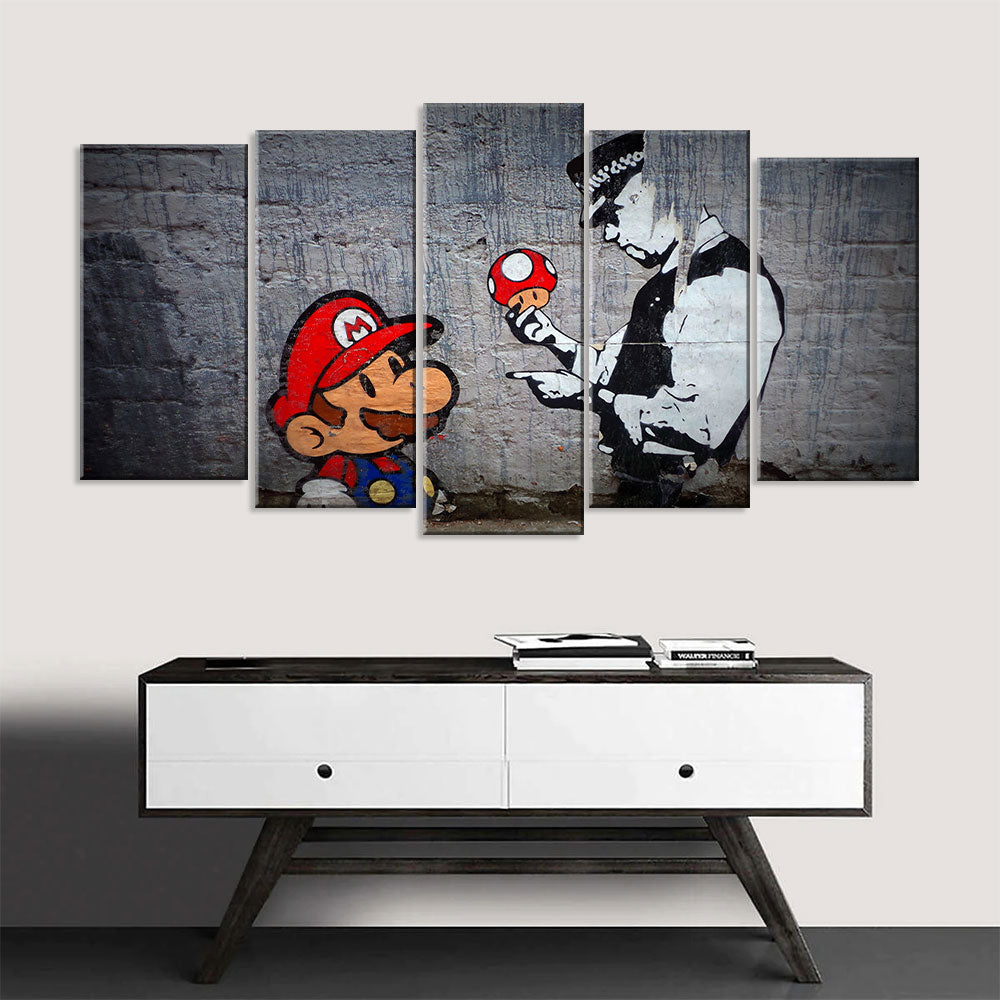 Banksy Mario And Police Canvas Wall Art