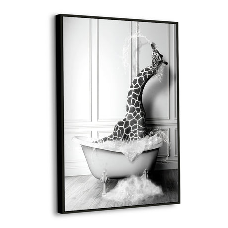 Bathtime Surprise – Quirky Giraffe In Tub Black & White Canvas Wall Art