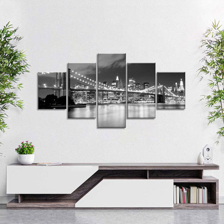 Black and White Brooklyn Bridge at Night Canvas Wall Art