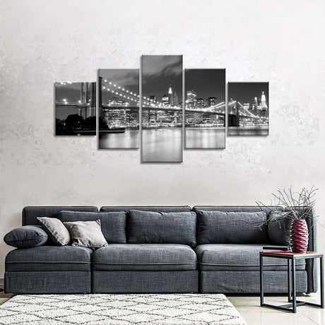 Black and White Brooklyn Bridge at Night Canvas Wall Art