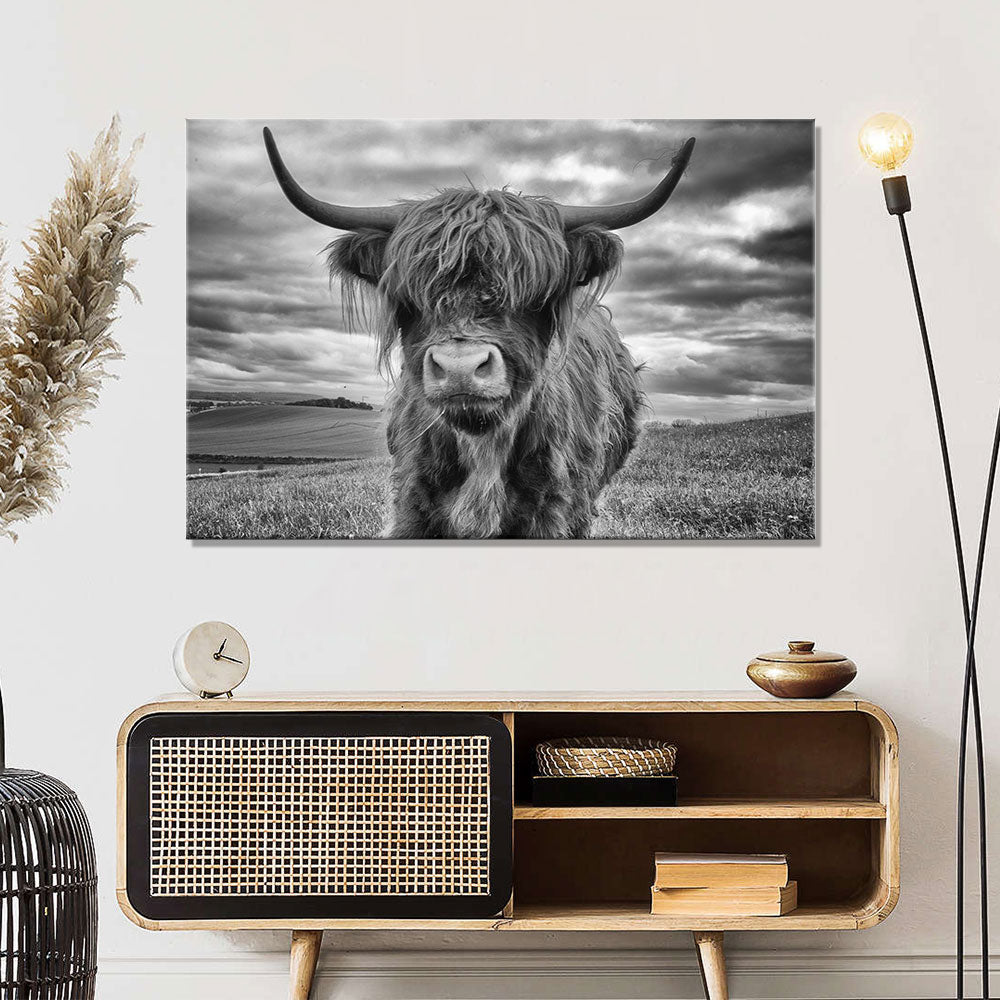 Black and White Highland Cow Canvas Wall Art