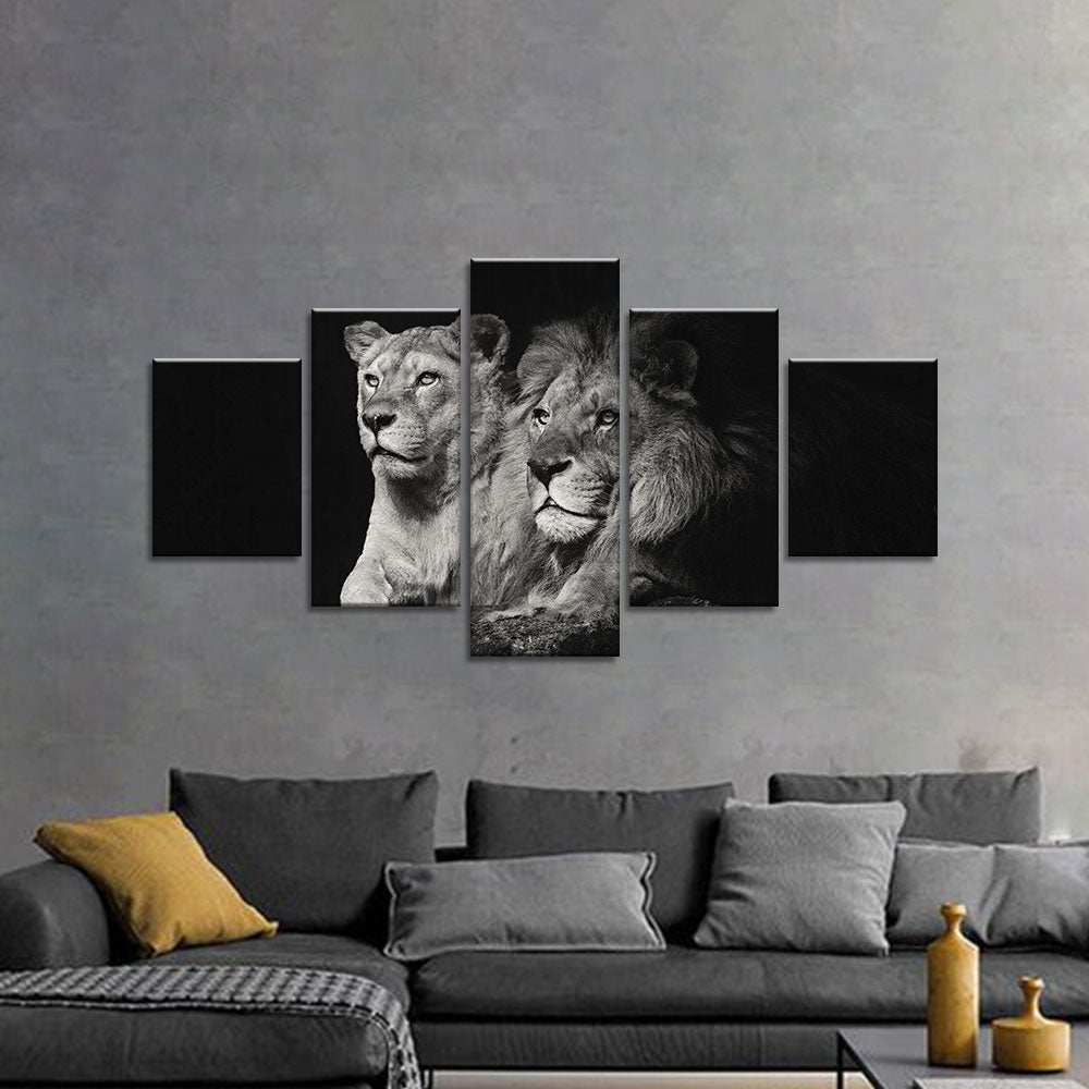 Black and White Lion Couple Canvas Wall Art