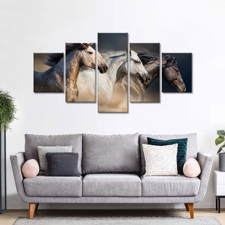 Black and White Running Horses Canvas Wall Art