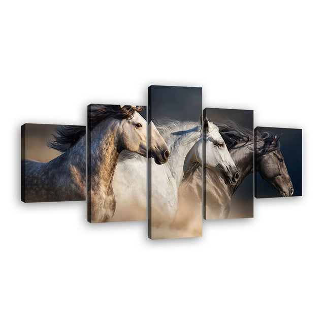 Black and White Running Horses Canvas Wall Art