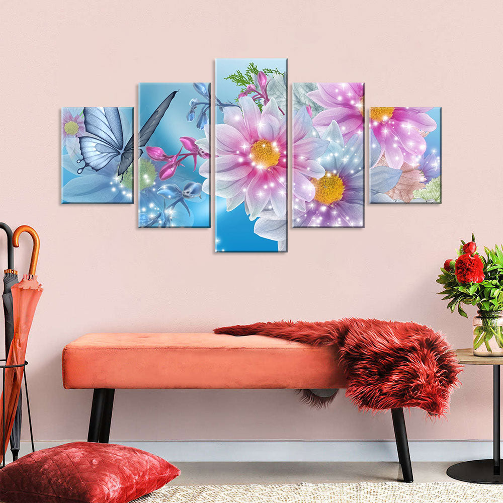 5-panel Butterfly and Flowers Canvas Wall Art