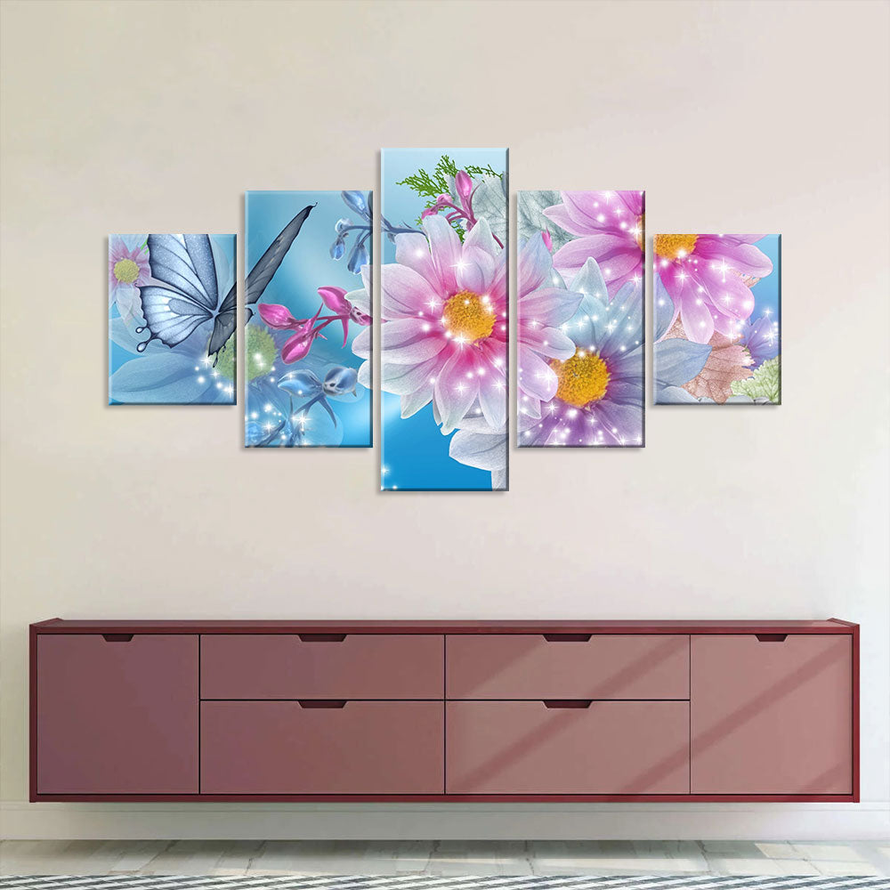 5-panel Butterfly and Flowers Canvas Wall Art