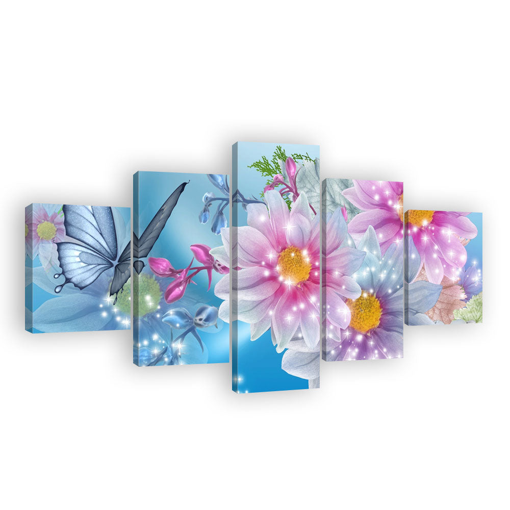 5-panel Butterfly and Flowers Canvas Wall Art