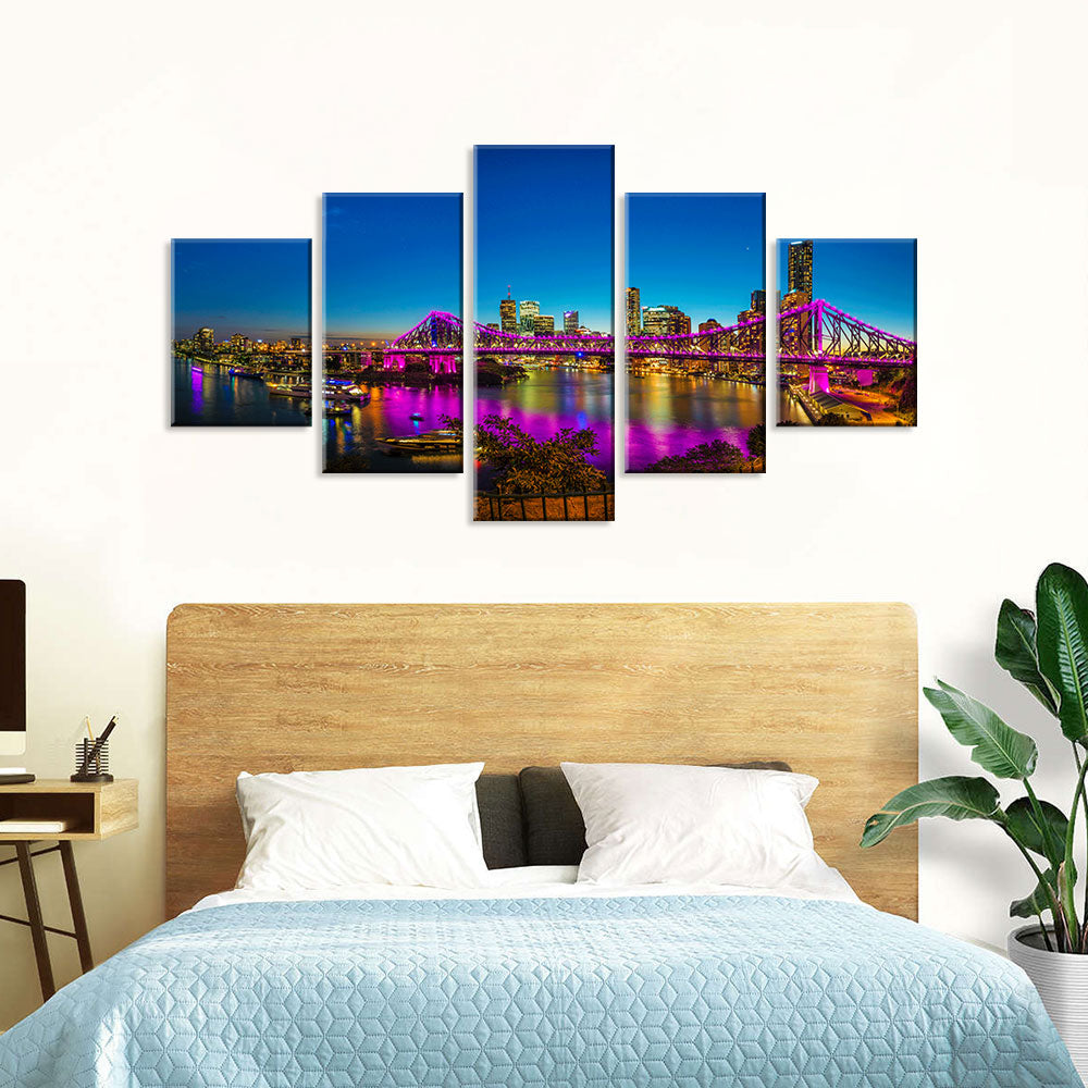 Multi-Panel Canvas Wall Art - Vibrant Cityscape with Illuminated Bridge