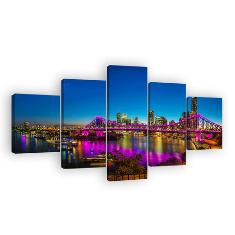 Multi-Panel Canvas Wall Art - Vibrant Cityscape with Illuminated Bridge