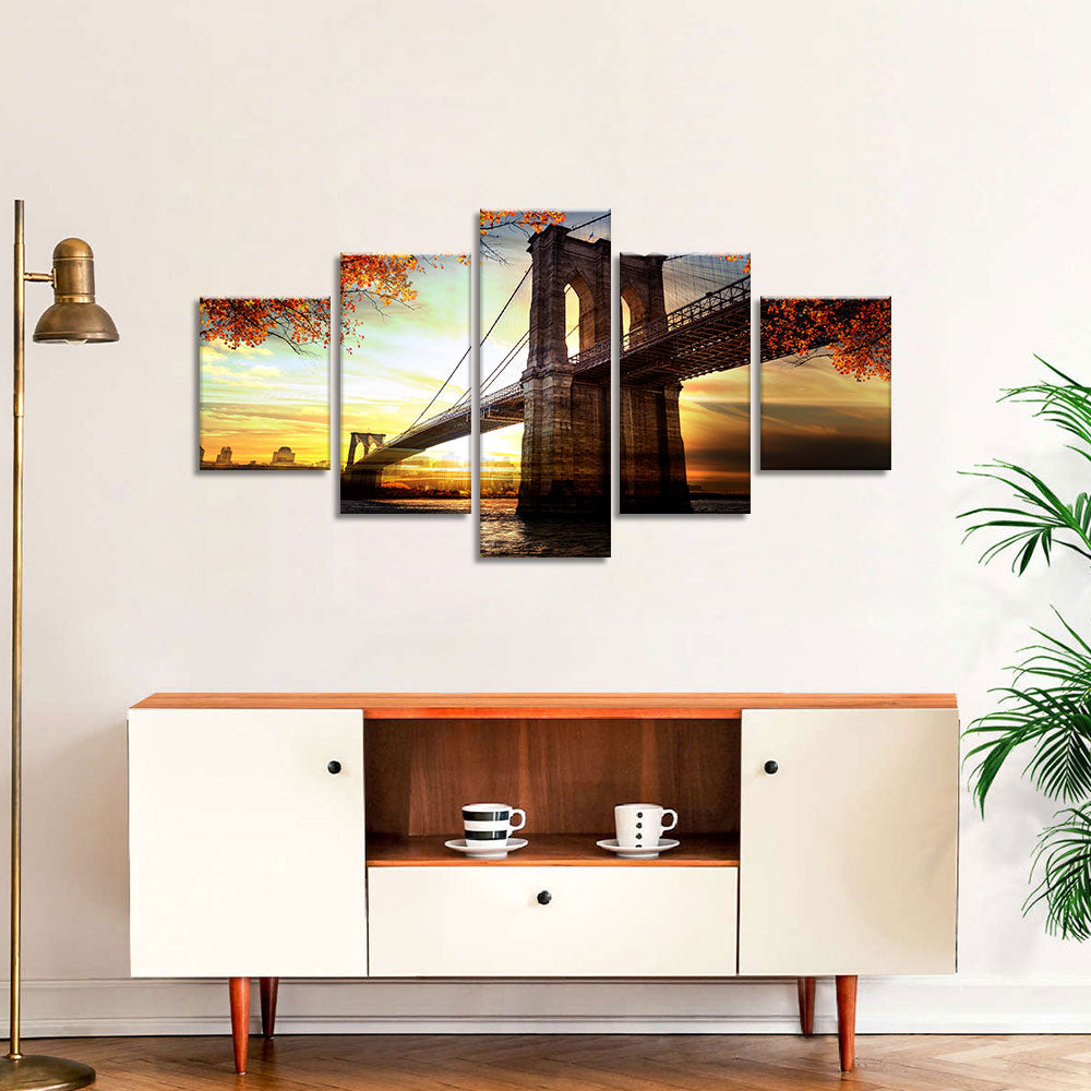 Brooklyn Bridge in Autumn Sunset Canvas Wall Art