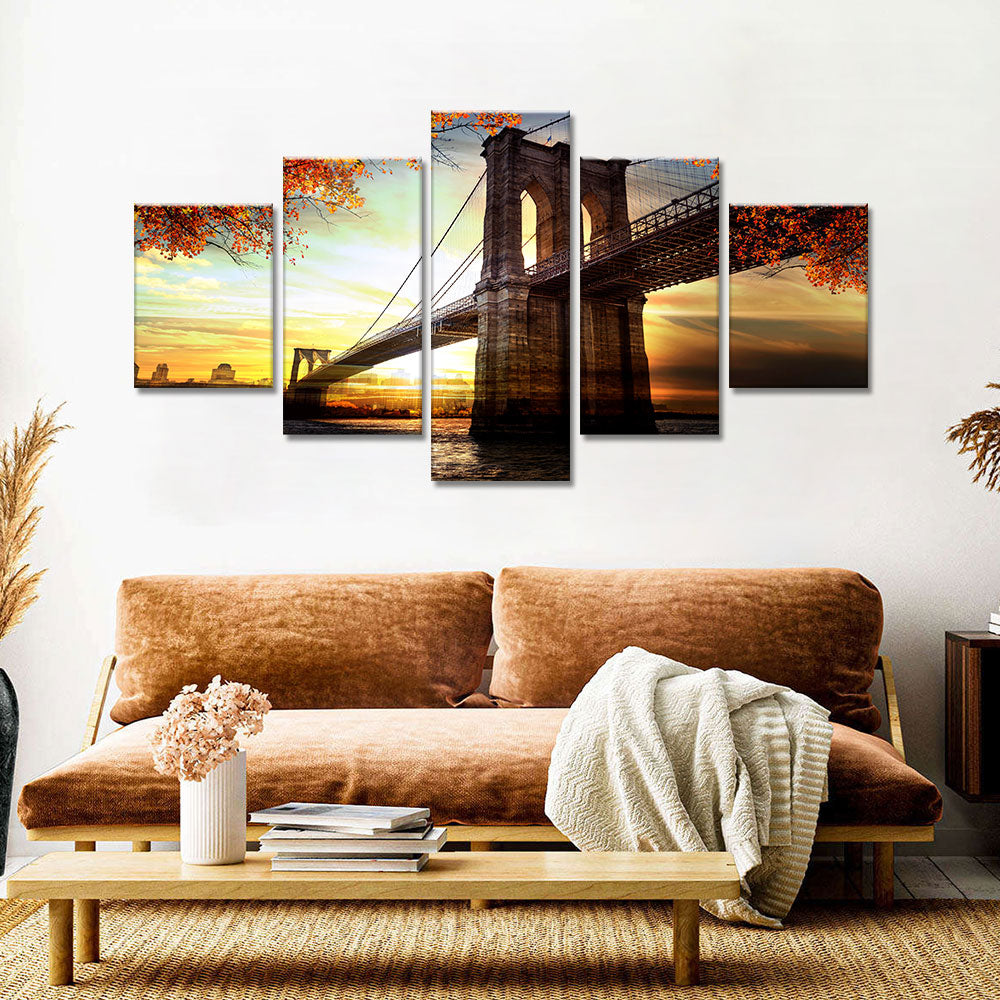 Brooklyn Bridge in Autumn Sunset Canvas Wall Art