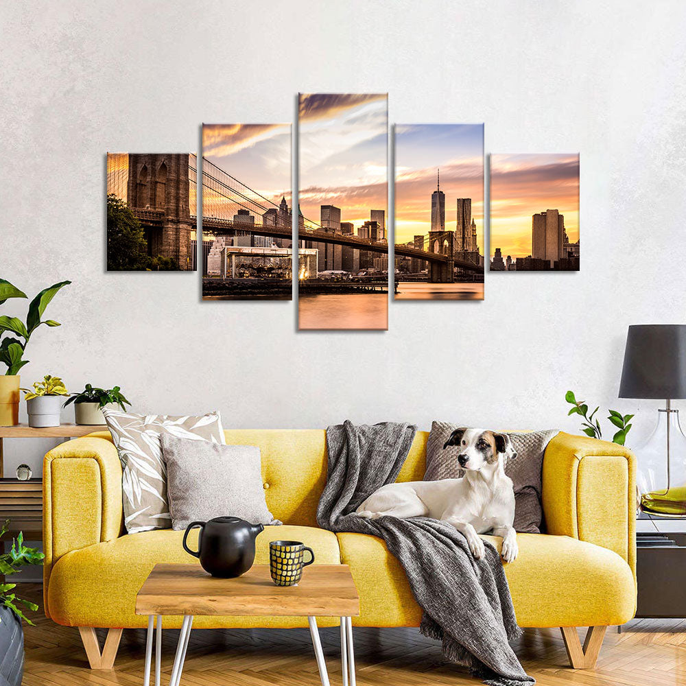 Brooklyn Bridge at Sunset Canvas Wall Art - Multi-Panel Design