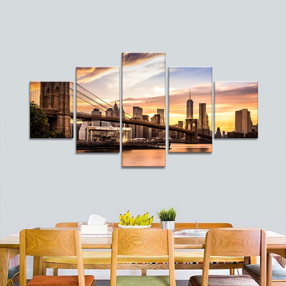 Brooklyn Bridge at Sunset Canvas Wall Art - Multi-Panel Design