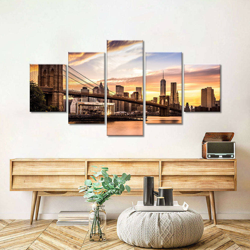 Brooklyn Bridge at Sunset Canvas Wall Art - Multi-Panel Design