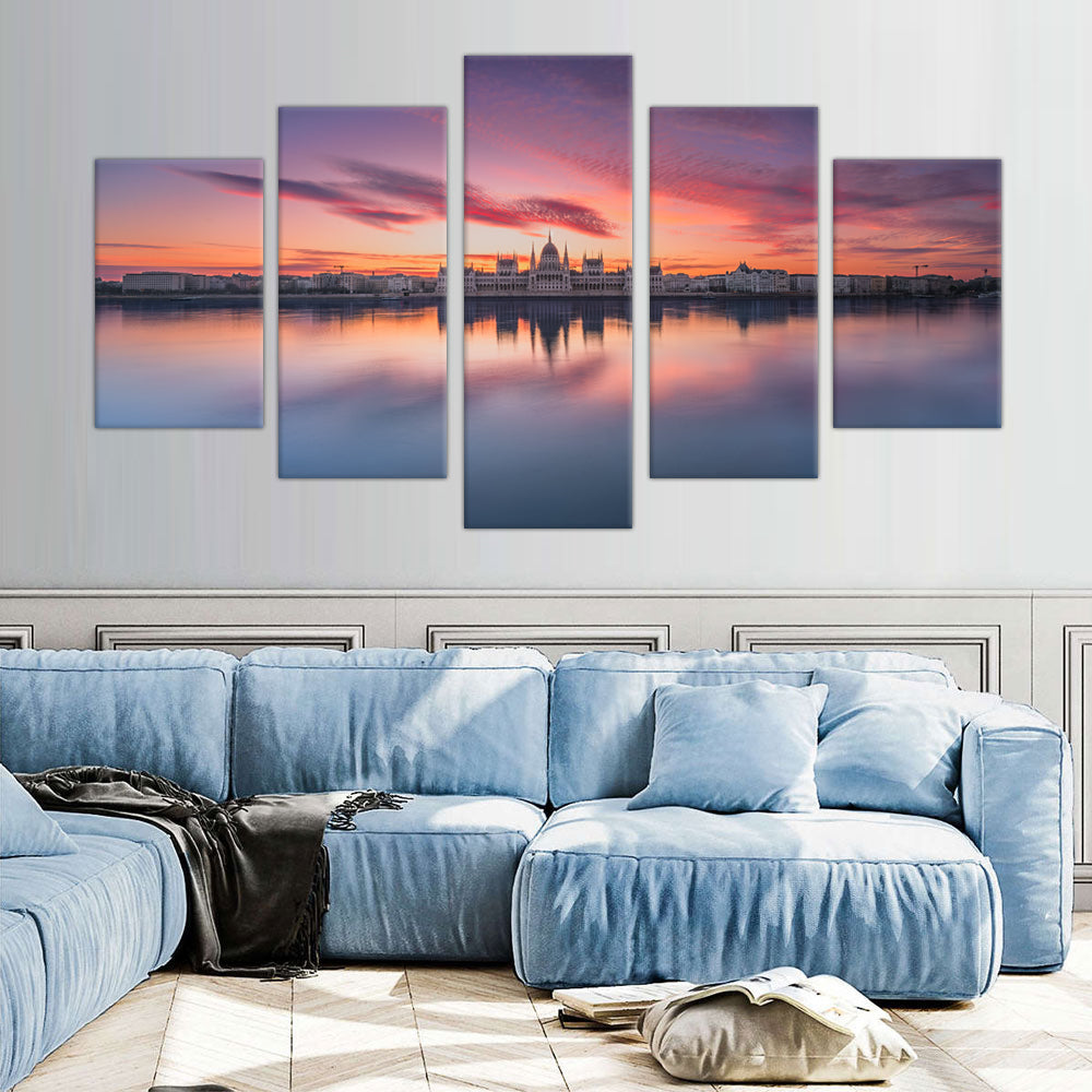 Budapest Parliament at Sunrise - 5-Piece Panoramic Canvas Wall Art