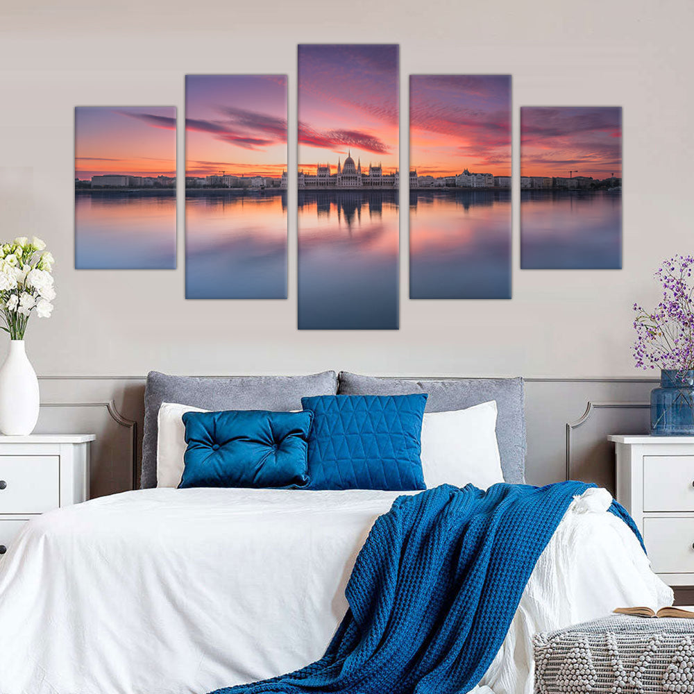 Budapest Parliament at Sunrise - 5-Piece Panoramic Canvas Wall Art