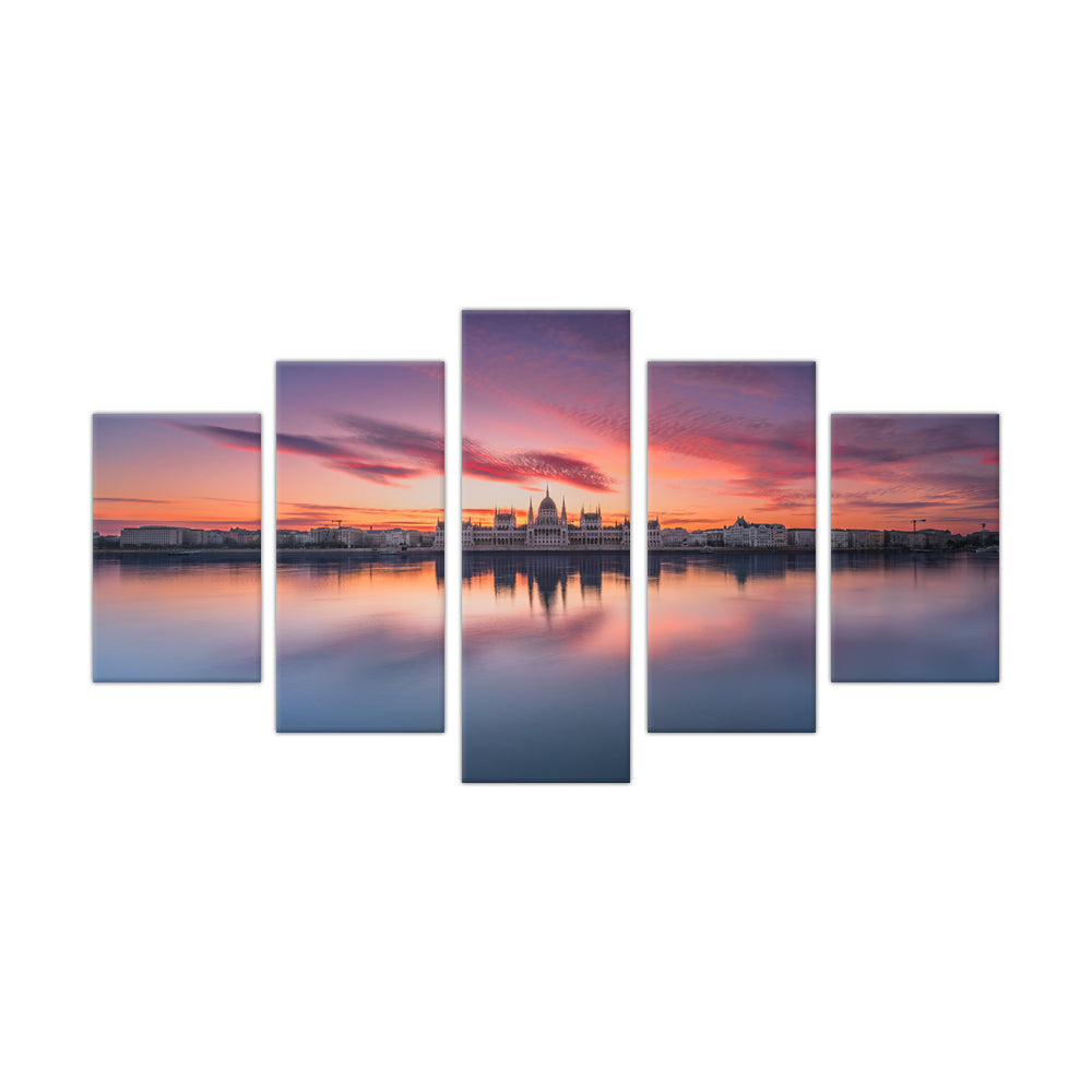 Budapest Parliament at Sunrise - 5-Piece Panoramic Canvas Wall Art