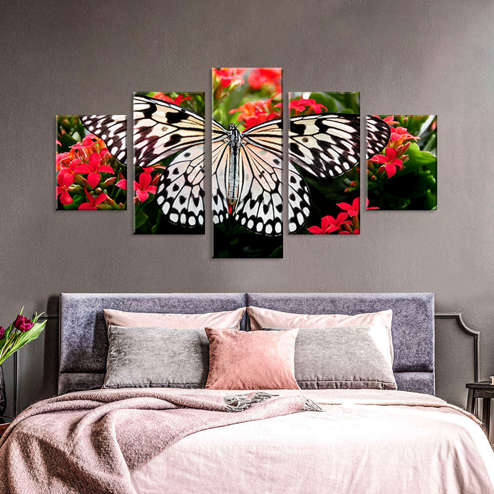 Butterfly on Red Flowers Canvas Wall Art