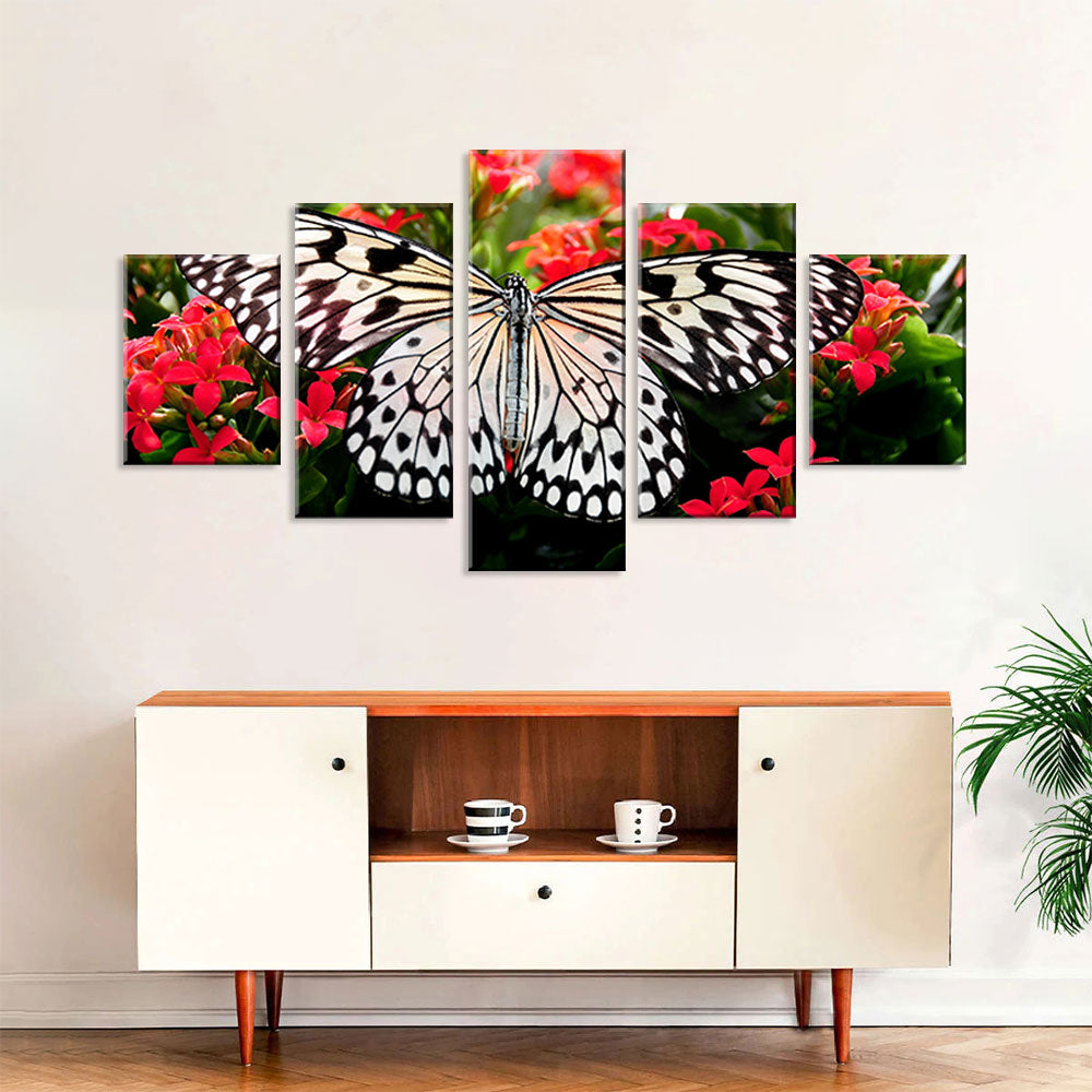 Butterfly on Red Flowers Canvas Wall Art