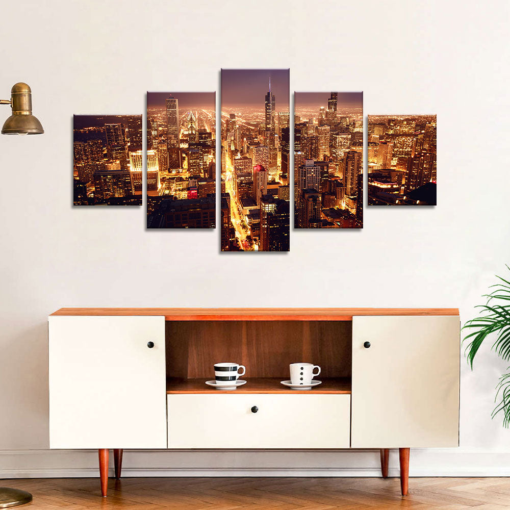 Chicago City Evening Lights Canvas Wall Art